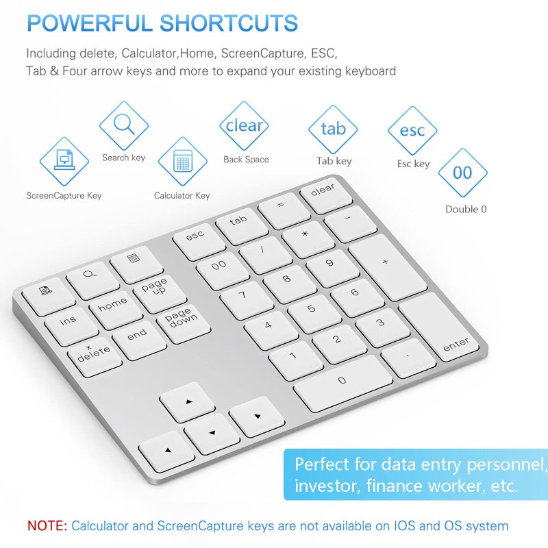 Lekvey Bluetooth Number Pad, Aluminum Rechargeable Wireless Numeric Keypad Slim 34-Keys External Numpad Keyboard Data Entry for Laptop, MacBook, MacBook Air/Pro, iMac, Windows, Surface Pro - Silver - Image 5